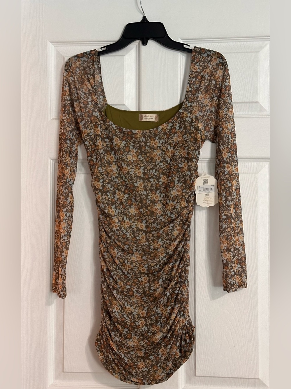 NWT Altar'd State Floral Mesh‎ Ruched Mini Dress Size M Brown Blue Long Sleeve
